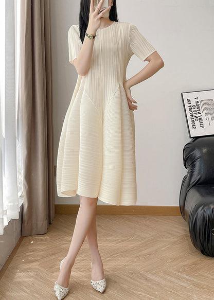 Elegant Beige Wrinkled High Waist Solid Cotton Dresses