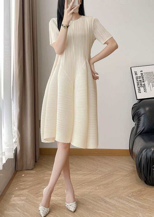 Elegant Beige Wrinkled High Waist Solid Cotton Dresses