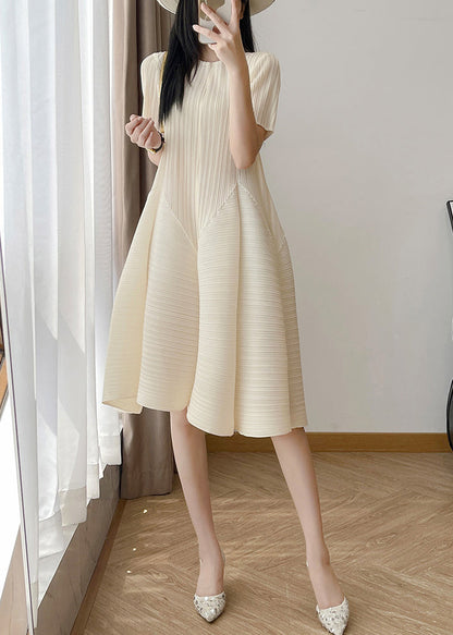 Elegant Beige Wrinkled High Waist Solid Cotton Dresses