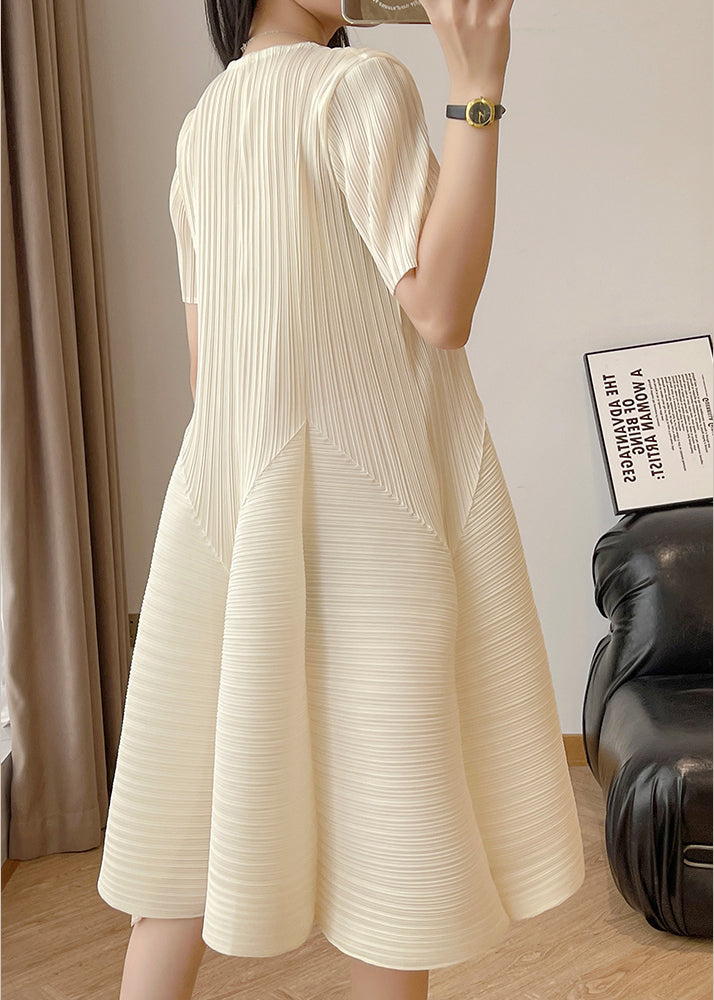 Elegant Beige Wrinkled High Waist Solid Cotton Dresses