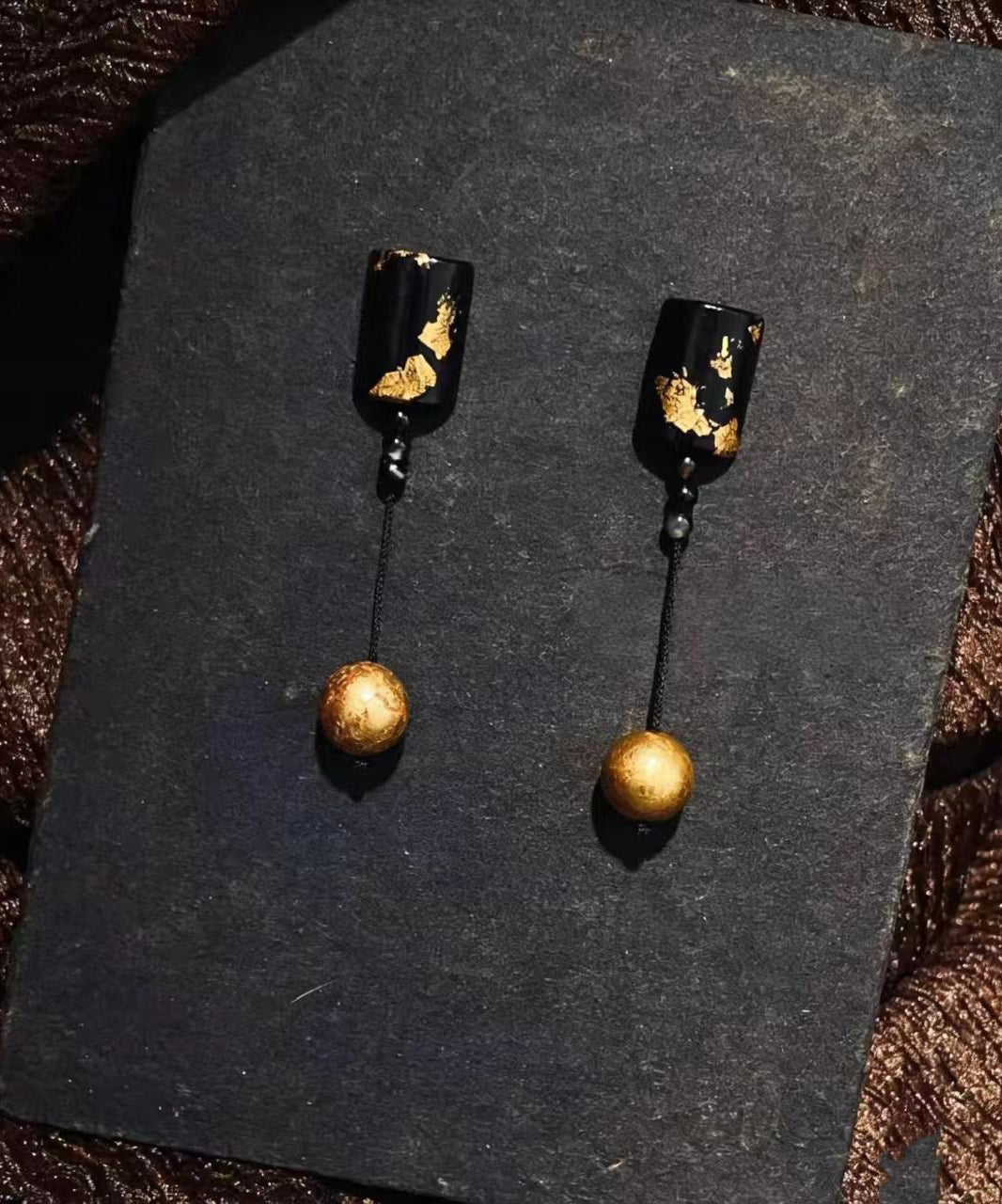 Elegant Black Alloy Silver Post Gold Foil Drop Earrings