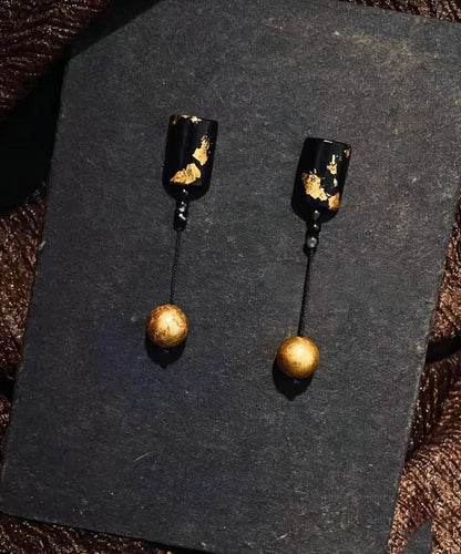 Elegant Black Alloy Silver Post Gold Foil Drop Earrings