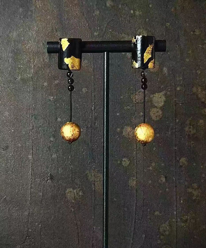 Elegant Black Alloy Silver Post Gold Foil Drop Earrings