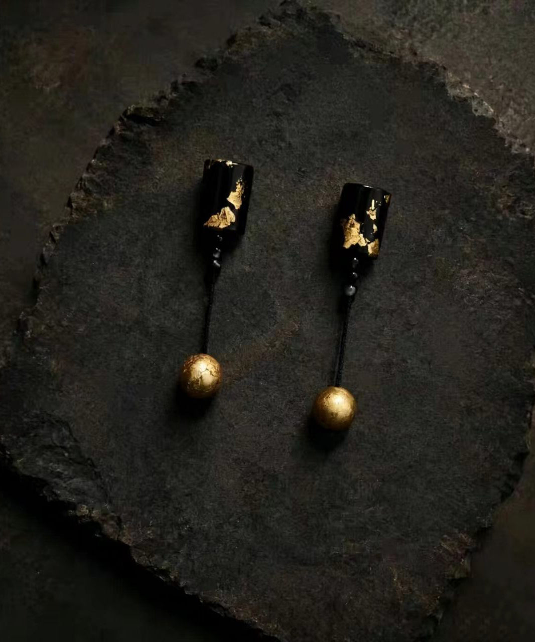 Elegant Black Alloy Silver Post Gold Foil Drop Earrings