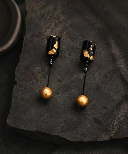 Elegant Black Alloy Silver Post Gold Foil Drop Earrings