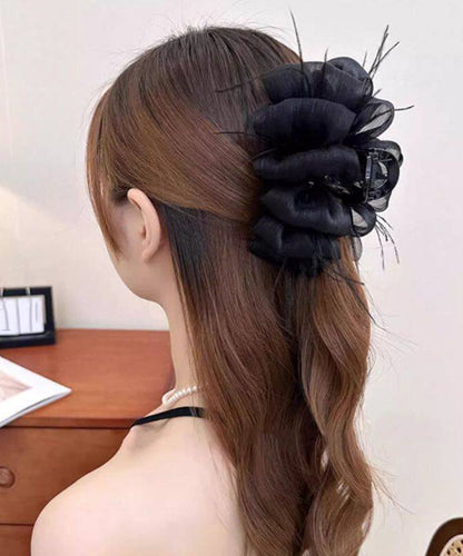 Elegant Black Alloy Tulle Bow Feather Hairpin