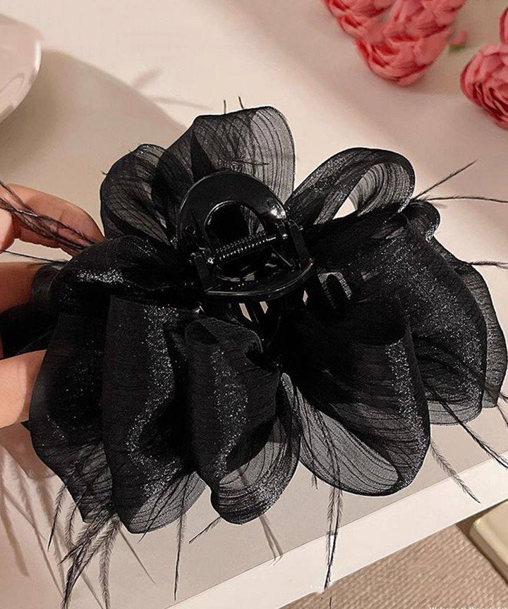 Elegant Black Alloy Tulle Bow Feather Hairpin