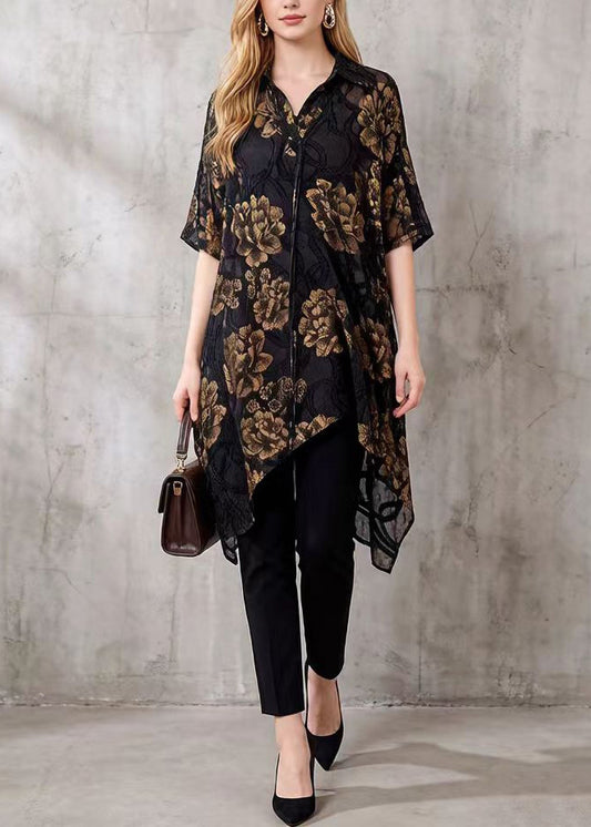 Elegant Black Asymmetrical Floral Silk Blouse Tops Summer
