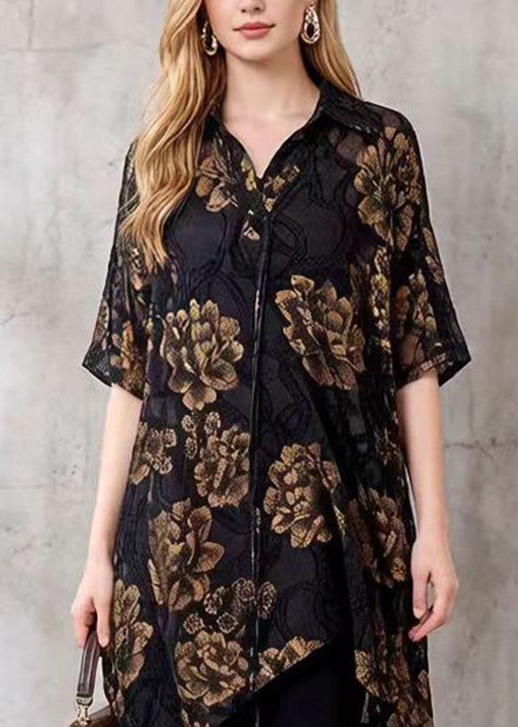 Elegant Black Asymmetrical Floral Silk Blouse Tops Summer