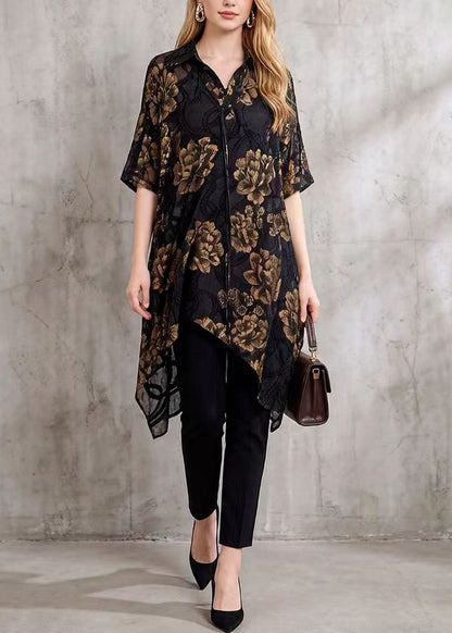 Elegant Black Asymmetrical Floral Silk Blouse Tops Summer