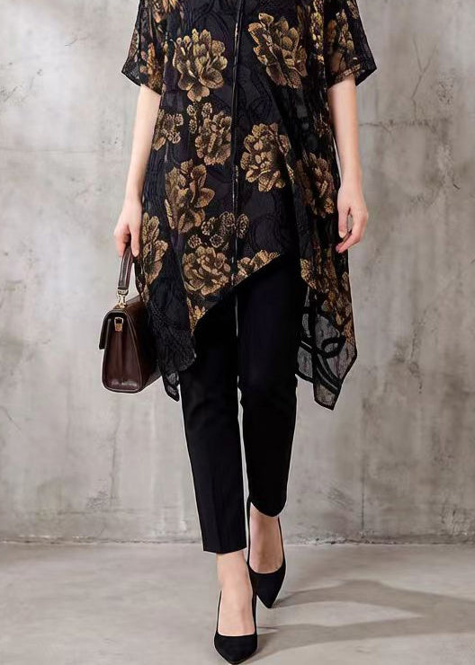 Elegant Black Asymmetrical Floral Silk Blouse Tops Summer