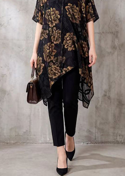 Elegant Black Asymmetrical Floral Silk Blouse Tops Summer