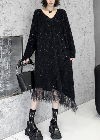 Elegant Black Asymmetrical Tulle Patchwork Sequins Cotton Knit Sweater Dress Fall