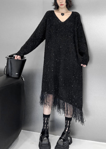 Elegant Black Asymmetrical Tulle Patchwork Sequins Cotton Knit Sweater Dress Fall