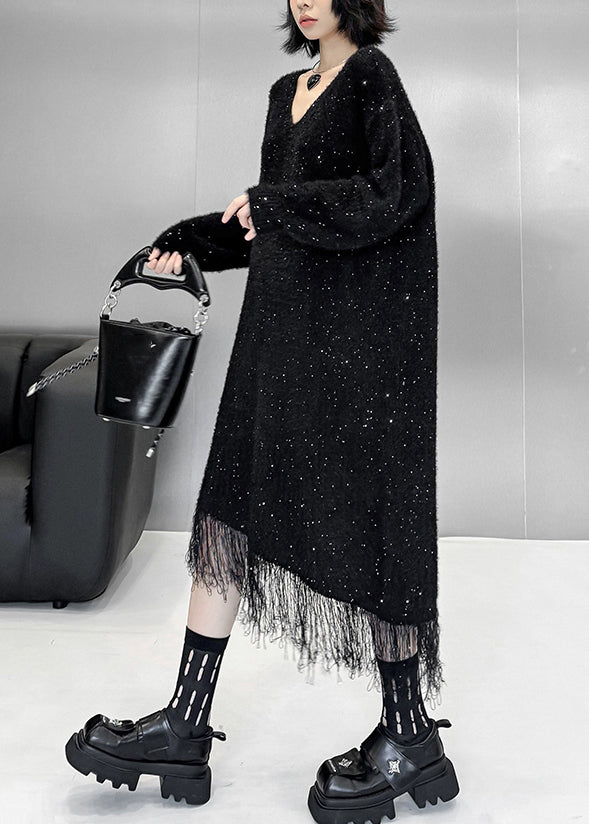 Elegant Black Asymmetrical Tulle Patchwork Sequins Cotton Knit Sweater Dress Fall