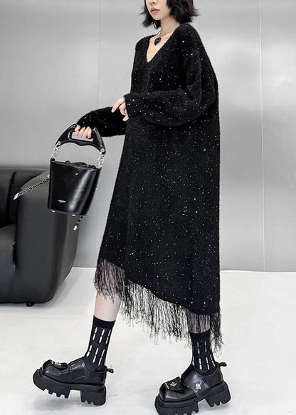 Elegant Black Asymmetrical Tulle Patchwork Sequins Cotton Knit Sweater Dress Fall