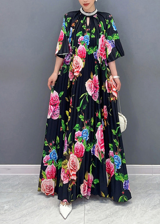 Elegant Black Blossoming Floral Cotton Long Dress Summer