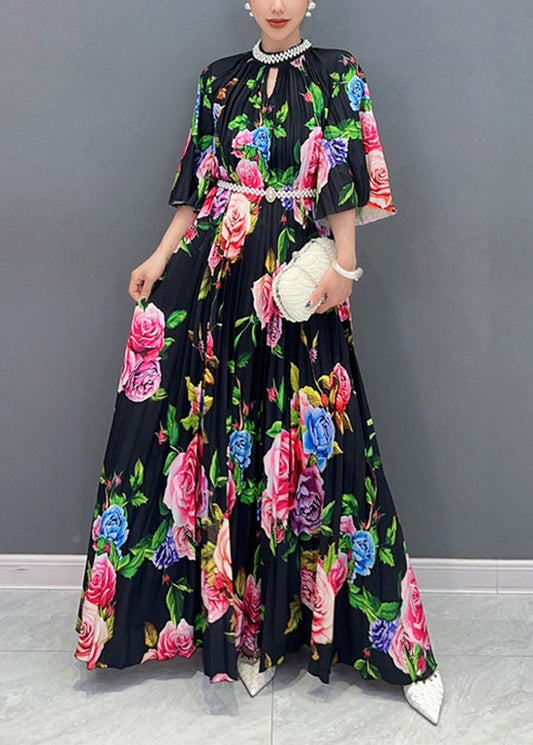 Elegant Black Blossoming Floral Cotton Long Dress Summer