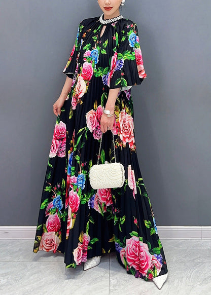 Elegant Black Blossoming Floral Cotton Long Dress Summer