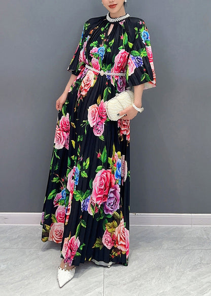 Elegant Black Blossoming Floral Cotton Long Dress Summer
