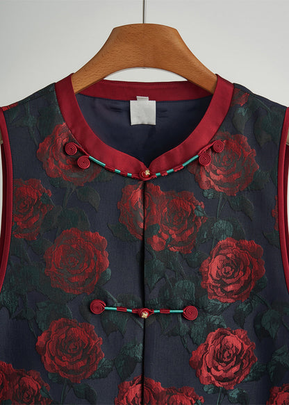 Elegant Black Chinese Button Floral Jacquard Silk Vests Fall