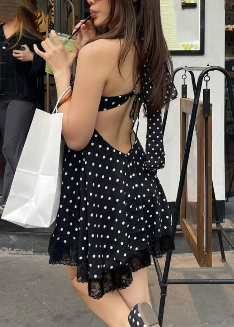 Elegant Black Dot Lace Patchwork Mid Spaghetti Strap Dress Summer
