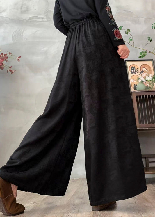 Elegant Black Embroidered Jacquard Silk Wide Leg Pants Spring