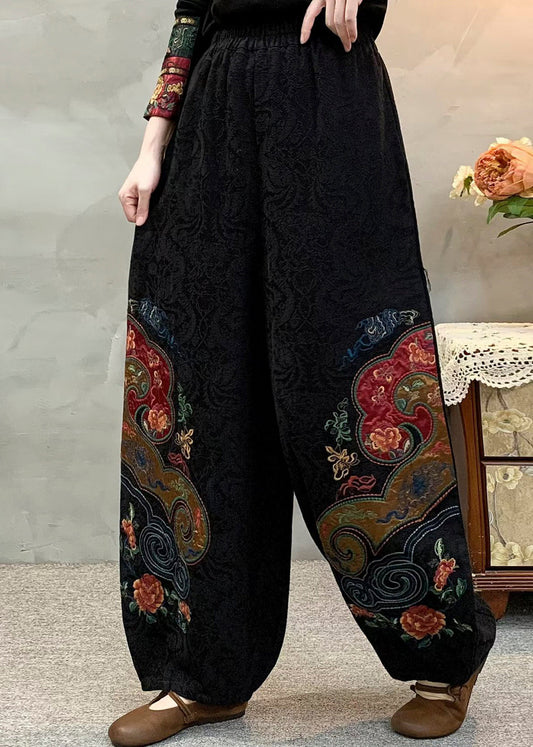 Elegant Black Embroidered Oversized Linen Pants Spring