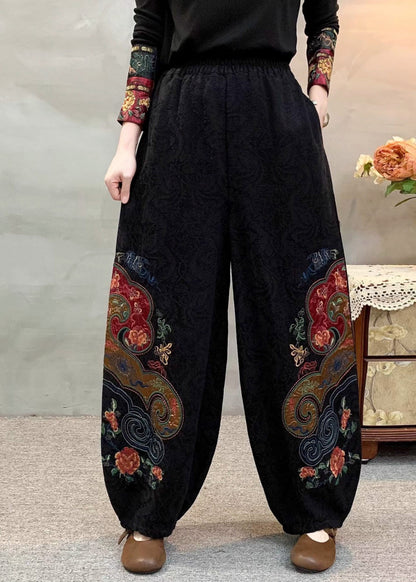 Elegant Black Embroidered Oversized Linen Pants Spring