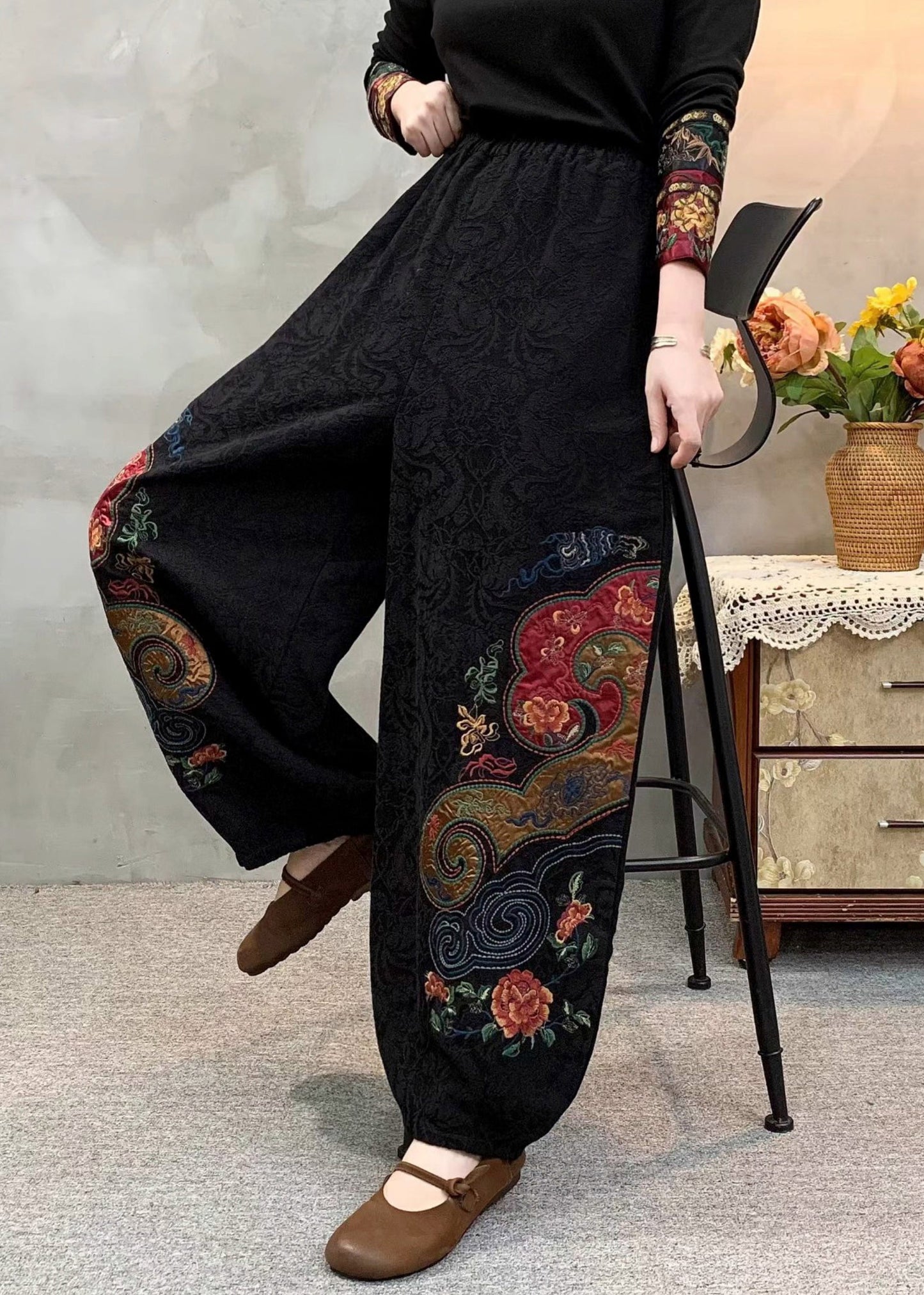 Elegant Black Embroidered Oversized Linen Pants Spring