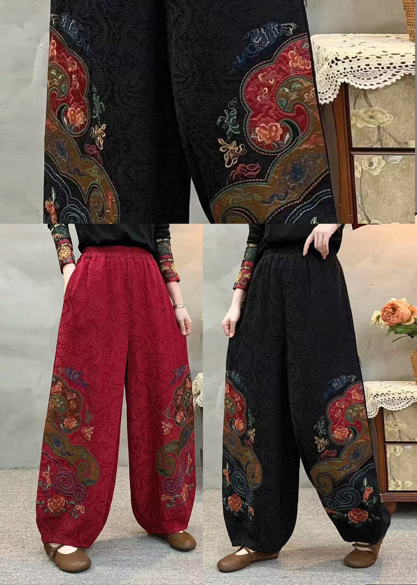 Elegant Black Embroidered Oversized Linen Pants Spring