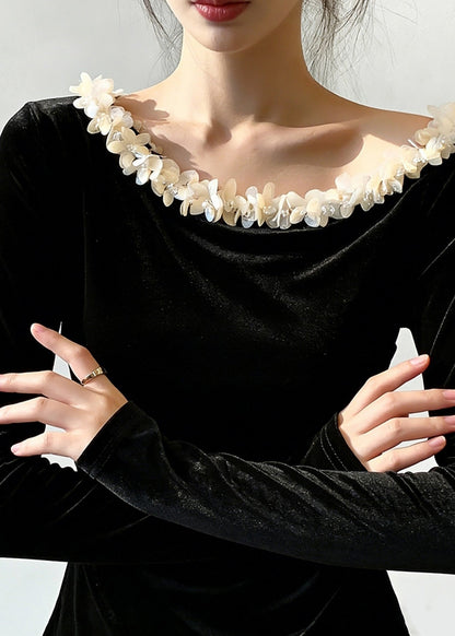 Elegant Black Floral Patchwork Silk Velour T Shirt Spring