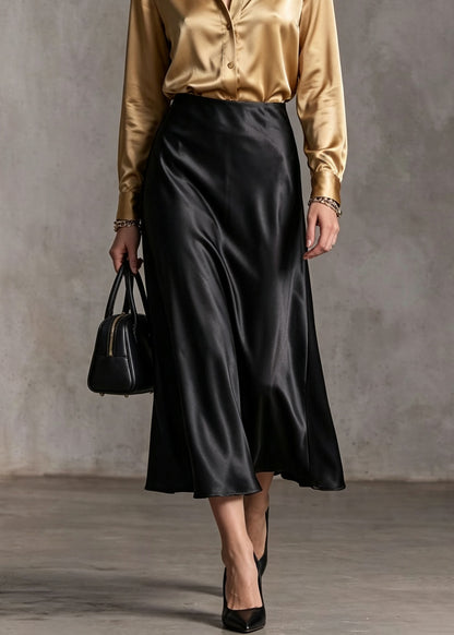 Elegant Black High Waist Draping Silk Skirt Fall