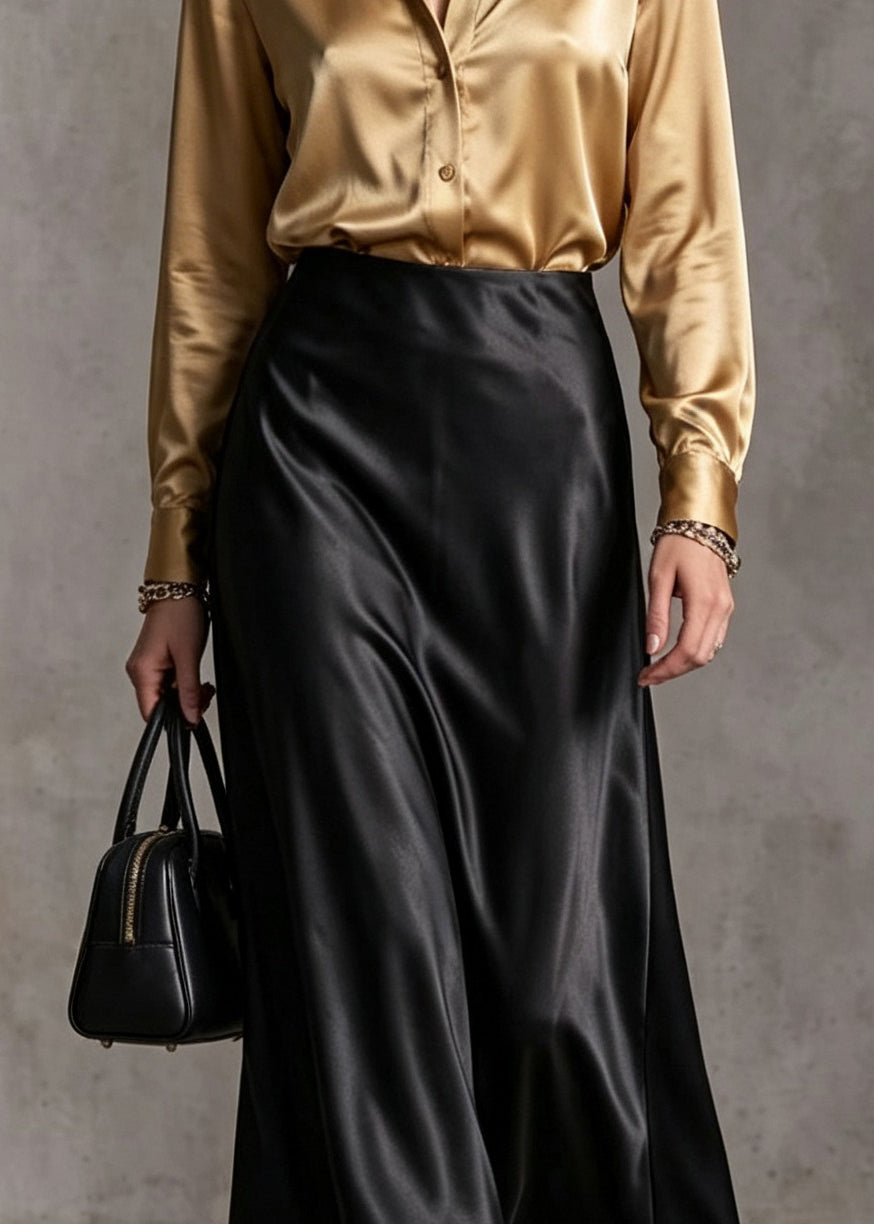 Elegant Black High Waist Draping Silk Skirt Fall