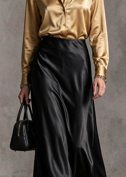 Elegant Black High Waist Draping Silk Skirt Fall