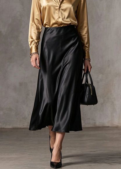 Elegant Black High Waist Draping Silk Skirt Fall