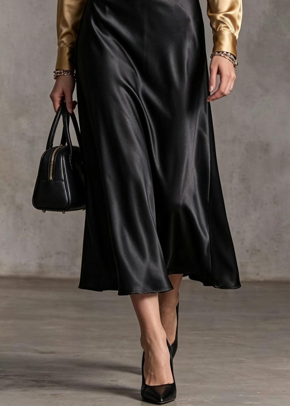 Elegant Black High Waist Draping Silk Skirt Fall