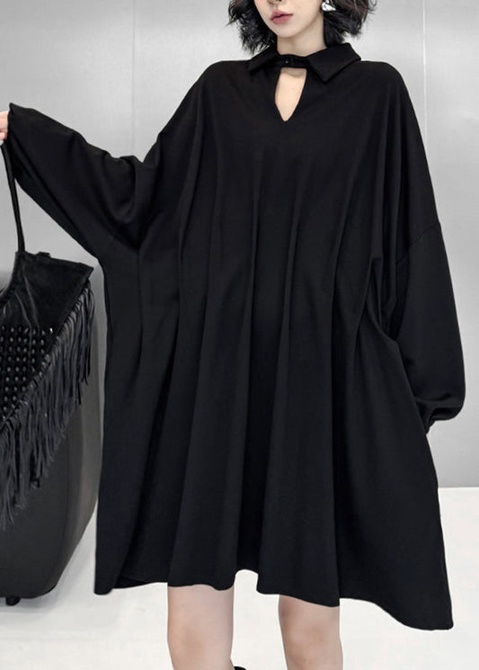 Elegant Black Hollow Out Solid Mid Dress Lantern Sleeve