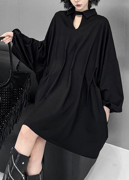 Elegant Black Hollow Out Solid Mid Dress Lantern Sleeve