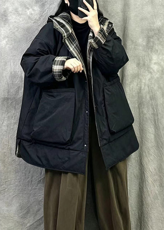 Elegant Black Hooded Wear On Both Sides Fine Cotton Filled Coats Winter