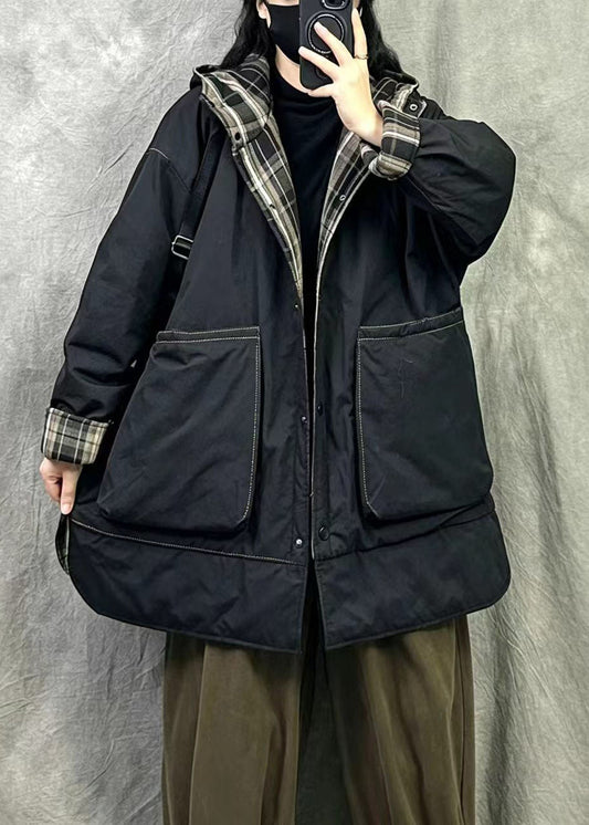 Elegant Black Hooded Wear On Both Sides Fine Cotton Filled Coats Winter