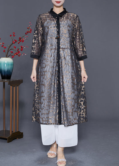 Elegant Black Jacquard Hollow Out Tulle Long Cardigan Summer