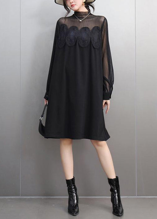 Elegant Black Lace Pockets Tulle Patchwork Dresses Fall