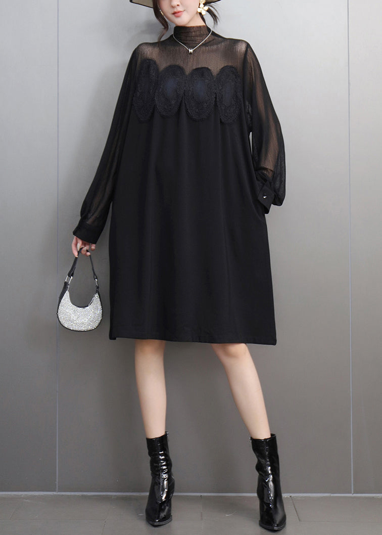 Elegant Black Lace Pockets Tulle Patchwork Dresses Fall