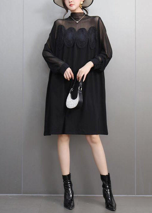 Elegant Black Lace Pockets Tulle Patchwork Dresses Fall