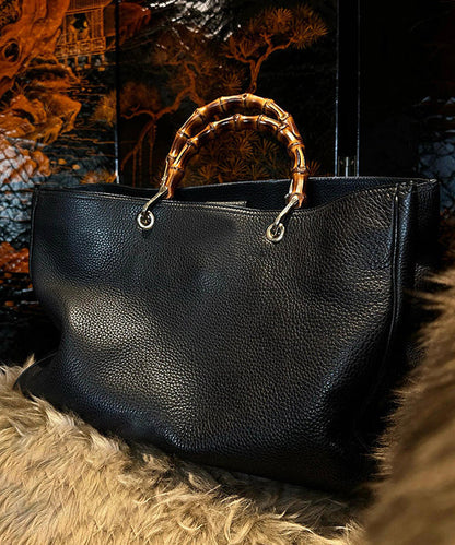 Elegant Black Large Capacity Solid Durable Leather Tote Handbag