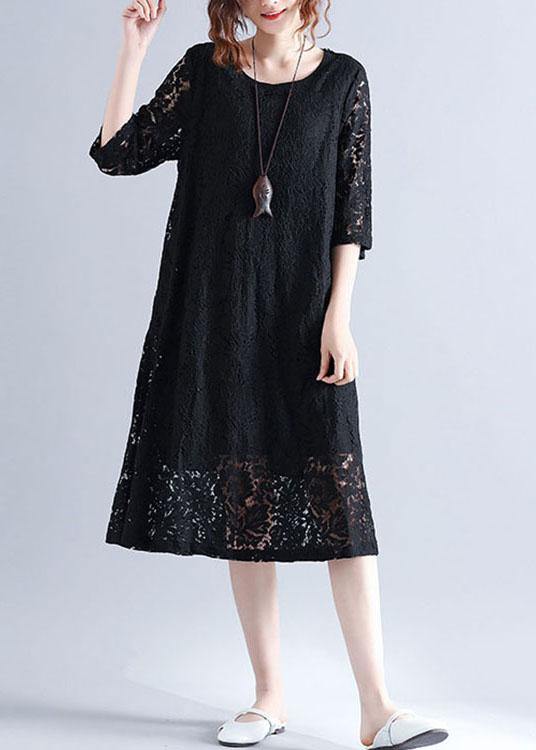 Elegant Black Loose Lace Summer Half Sleeve Summer Dress - SooLinen