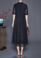Elegant Black Mandarin Collar Patchwork Print Chiffon Dresses Summer