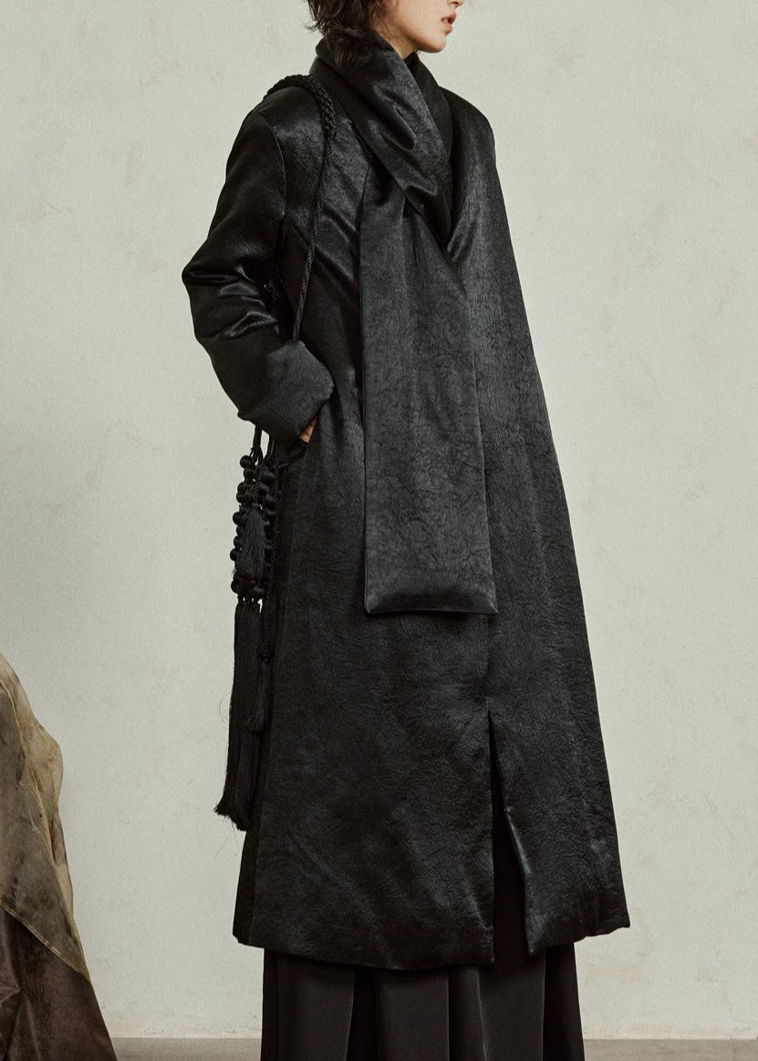 Elegant Black Neck Button Maxi Down Coat Winter