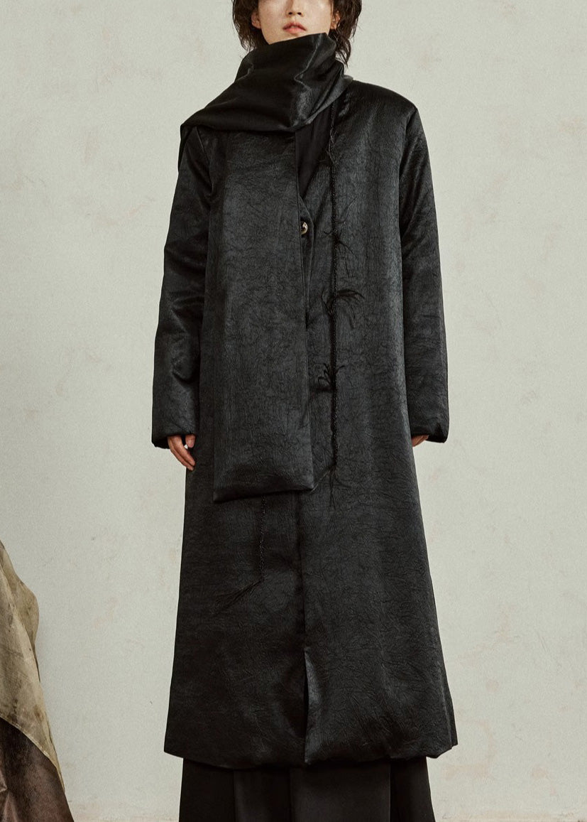 Elegant Black Neck Button Maxi Down Coat Winter